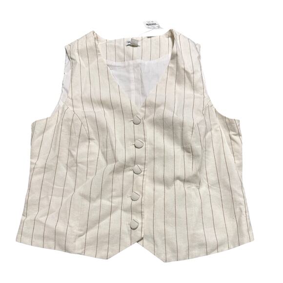 NWT J.Crew Size 8 Striped linen-blend vest ivory camel Off-White Causal 5 Button - Picture 3 of 9